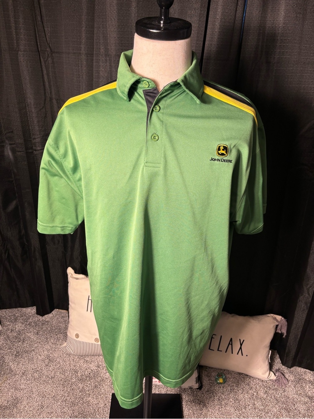 John Deere Green Polo with Yellow and Black Shoulder Stripes